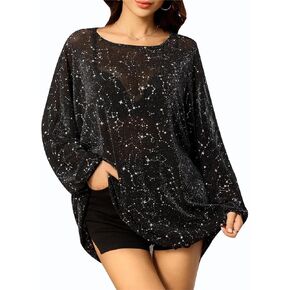 WDIRARA Women's Star Print Mesh Glitter T Shirt Round Neck Long Sleeve Oversized Sparkly Sequin Party Night Rave Tee Top