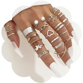 Hanfluenve 22Pcs Knuckle Rings Set for Women and Girls Dainty Butterfly Heart Stacking Ring Statement Braided Twisted Hollow Carved Vintage Bow Rings Size Mixed for Gift (silver)