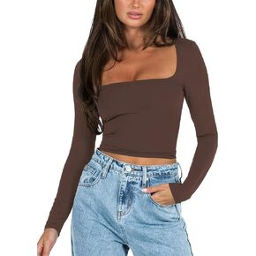 Women Fall Long Sleeve Square Neck Crop T Shirt Y2K Going Out Trendy Cropped Tee Top Workout Double Line Shirt