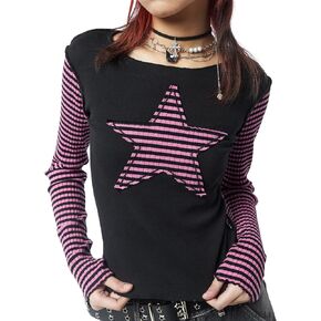 Tuislay Vintage Star Shirt Y2k Long Sleeve Crop Top 90s Grunge Clothes for Women Goth Streetwear Stripes Patchwork T Shirts