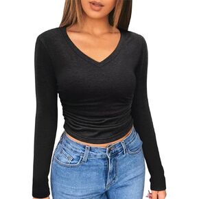 Micticsi Womens V Neck Long Sleeve Crop Top Slim Fitted Cropped T Shirts Going Out Ruched Tops