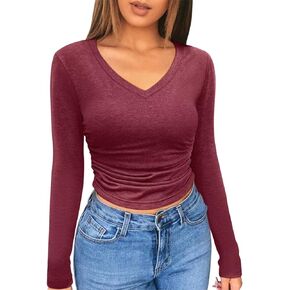 Micticsi Womens V Neck Long Sleeve Crop Top Slim Fitted Cropped T Shirts Going Out Ruched Tops in Kuwait