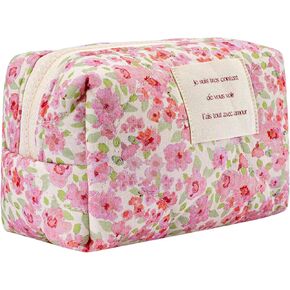 Small Floral Quilted Cotton Makeup Pouch for Women and girls,Coquette Quilted Toiletry Bag,Cute Aesthetic Mini Bag, Kawaii Travel Cosmetic Bags(A-Pink Little Flower)
