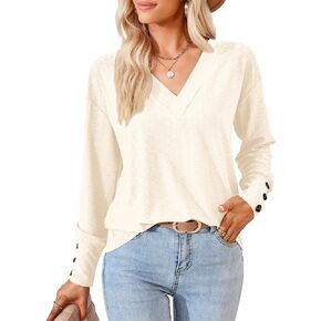 Amoretu Women's Loose Long Sleeve Shirts Casual V Neck Tops Drop Shoulder Jacquard Blouses