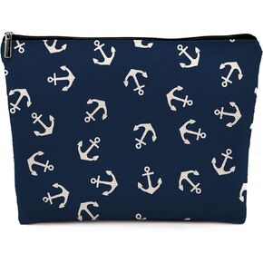 Nautical Anchor Makeup Cosmetic Bag, Marine Symbol Navy Anchor Linen Makeup Travel Toiletry Bag, Nautical Coastal Sailing Sailboat Anchor Cosmetic Bag Gifts For Sea Lovers Sailors Women Girls