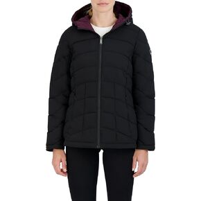 Women's Short Stretch Quilted Jacket Front Zipper Hand Pockets Adjustable Hood 26" Coat