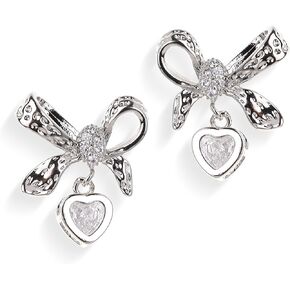 JeanBeau Bow Heart Dangle Drop Earrings for Women Girls Valentines Rhinestone Ribbon Crystal CZ Love Hearts Earing Dangling Holiday Prom Fashion Jewelry Gift