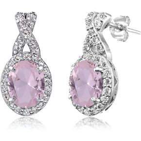 Sterling Silver Genuine, Created or Simulated Gemstone & White Topaz Oval and X Drop Earrings for Women