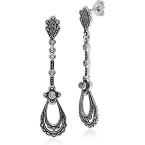 Gemondo USA Sterling Silver 925 Marcasite Art Nouveau Lace Pattern Chandelier Drop Earrings