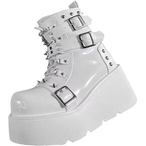 Women's Platform Gothic Ankle Booties With Adjust Studded Metal Buckle Fashion Y2k Zip Lace Up Wedge Thick Sole Punk Motorcycle Combat Short Boots