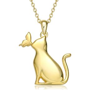 LONAGO Cat Necklace with Butterfly 925 Sterling Silver Cat Pendant Necklace Gift for Women Girls