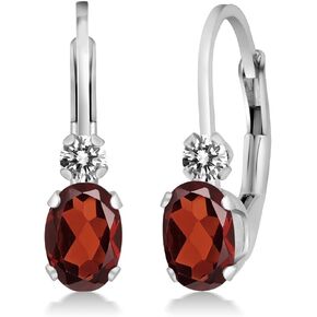 Gem Stone King 14K White Gold Red Garnet and White Diamond Leverback Earrings For Women | 1.07 Cttw | Gemstone January Birthstone | Oval 6X4MM, Round 2MM | 3/4 Inch