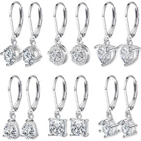 6 Pairs Cubic Zirconia Earrings Dangle for Women Leverback Drop Earrings Hypoallergenic Silver Dangling Earrings Set