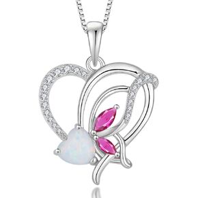 Opal Heart Necklace for Women 925 Sterling Silver Butterfly Pendant Birthstones Jewelry Gift