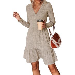 CUPSHE Women's Long Sleeve Chic V-Neck Mini Dress Jersey Knit Ribbed Flounce Hem Autumn Dresses
