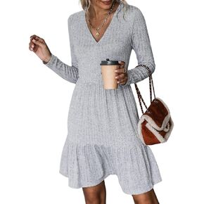 CUPSHE Women's Long Sleeve Chic V-Neck Mini Dress Jersey Knit Ribbed Flounce Hem Autumn Dresses
