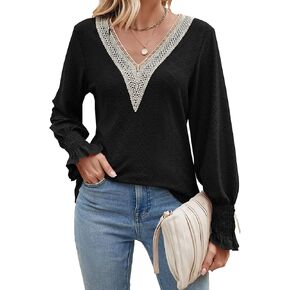 BANGELY Women's Lace V Neck Shirt Casual Dressy Smocked Puff Long Sleeve Tops Loose Tunic Blouses Trendy 2023
