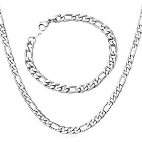 WADSNHY Men Chain Jewelry 5mm/6mm/7mm Wide Stainless Steel Snake chain 18K Gold Plated Figaro Chain Set (Bracelet 8.3 Inch, Necklace 18" 22" 26" 28")
