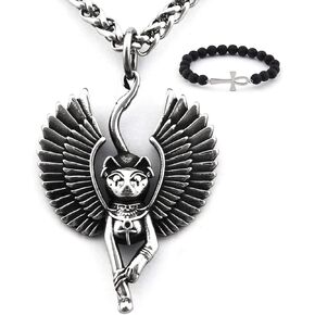Gungneer Egyptian Goddess Cat Bastet Necklace Stainless Steel Ancient Egypt Necklace Protection Amulet For Men and Women