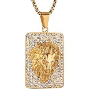 HZMAN 18K Gold Plated Lion Head Necklace Pendant for Men Boys Stainless Steel Hip Hop Rock Lion King Necklaces Charm Animal Amulet Jewelry
