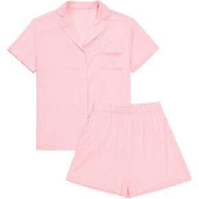 LYANER Women's 2 Piece Short Sleeve Button Down Top and Shorts PJ Set Loungewear Pajama Sets
