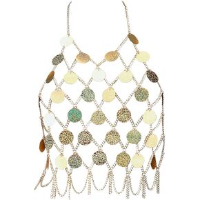 Gold Sequin Body Chain Jewelry for Women Sexy Mesh Crop Top Festival Rave Outfit
