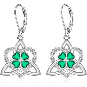 St Patricks Day Shamrock Earrings for Women Sterling Silver 4 Four Leaf Clover Earrings Irish Green Shamrock Earring Dangle Birthday Valentines Gifts