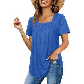 Womens Summer Tops Square Neck Pleated Front Short Sleeve Tunic Shirts S-3XL