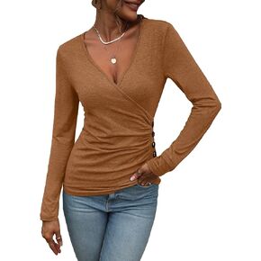 SweatyRocks Women's Casual Long Sleeve Wrap Ruched Tee Top V Neck Button Detail Slim Fit Casual Pullover T Shirt Tops