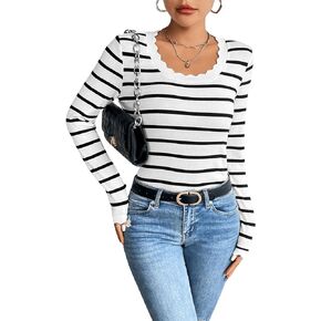 MakeMeChic Women's Long Sleeve Tops Striped Rib Knit Round Neck Slim Fit Tee Shirts