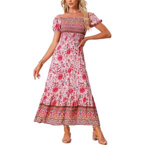 Allegra K Boho Maxi Dress for Women's Off-Shoulder Floral Smocked Dress
