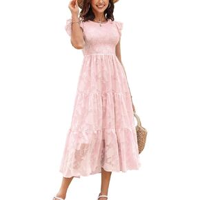 Women's Casual Summer Crew Neck Ruffle Short Sleeve Smocked Tiered Maxi Dress Floral Beach Boho Dresses