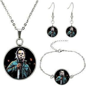 Twin Six Michael Myrs 3pcs Horror Halloween Necklace Earring Bracelet Set, Cosplay Pendant Keyring, Gifts for Women, Men, Girls, Boys in Kuwait