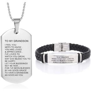 LF 316L Stainless Steel Name Customized to My Grandson Jewelry Set Sentiment Motivational Leather Bracelet for Grandson,Dog Tag Necklace for Grandson for Birthday from Grandpa Grandma