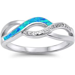 Oxford Diamond Co Lab Created Blue opal Twisted Band Infinity .925 Sterling Silver Ring sizes 4-12