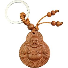 Feng Shui Peach Wood Smiling Buddha Statue Hand Carved Wooden Traditional Asian Art Key Ring keychain Amulet +Free Red String Bracelet