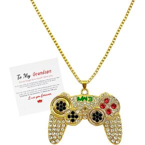 To My Son/Grandson Necklace From Mom/Grandma,Game Controller Necklaces Punk Hip Hop Colorful Crystal Console Handle Pendant Necklace BFF Friendship Jewelry Gifts for Men