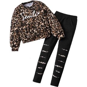 Floerns Girl's 2 Piece Outfit Leopard Print Long Sleeve Sweatshirt and Leggings Set