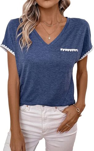Floerns Women's V Neck Lace Flare Short Sleeve Pocket Patched Tee Shirts Top in Saudi Arabia