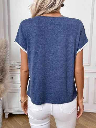 Floerns Women's V Neck Lace Flare Short Sleeve Pocket Patched Tee Shirts Top in Saudi Arabia