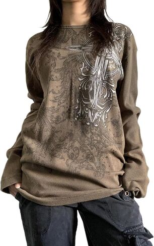 Women’s Y2K Gothic Shirt Vintage Long Sleeve Graphic Baggy Tees Oversized T-Shirt Pullover Top Harajuku Streetwear in Kuwait