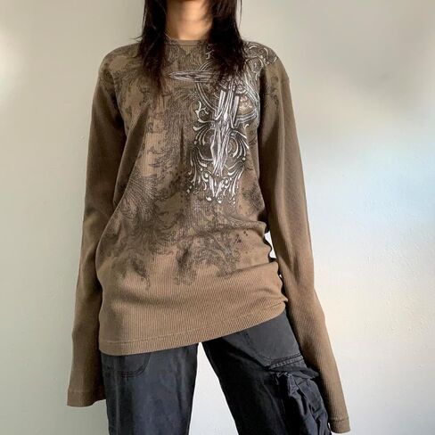 Women’s Y2K Gothic Shirt Vintage Long Sleeve Graphic Baggy Tees Oversized T-Shirt Pullover Top Harajuku Streetwear in Kuwait