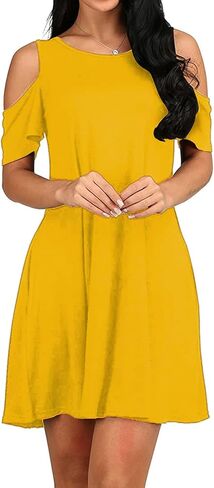 SHENBOLEN Women's Cold Shoulder Dress Tunic T-Shirt Loose Dress Short Sleeve Casual Dress with Pockets in Saudi Arabia