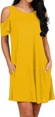 SHENBOLEN Women's Cold Shoulder Dress Tunic T-Shirt Loose Dress Short Sleeve Casual Dress with Pockets in Saudi Arabia