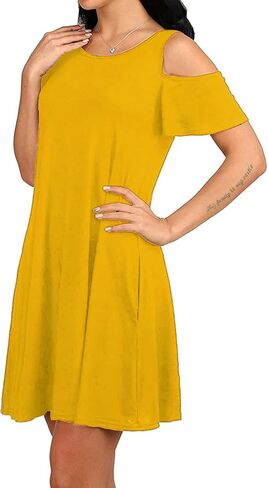 SHENBOLEN Women's Cold Shoulder Dress Tunic T-Shirt Loose Dress Short Sleeve Casual Dress with Pockets in Saudi Arabia