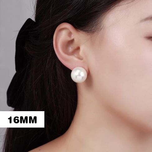EFTKOY Big Pearl Earrings -18K Gold Plated Sterling Silver Oversized Faux Round Large Simulated Pearl Studs for Women,Hypoallergenic to Sensitive Ears in Saudi Arabia