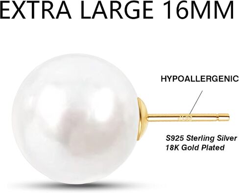 EFTKOY Big Pearl Earrings -18K Gold Plated Sterling Silver Oversized Faux Round Large Simulated Pearl Studs for Women,Hypoallergenic to Sensitive Ears in Saudi Arabia