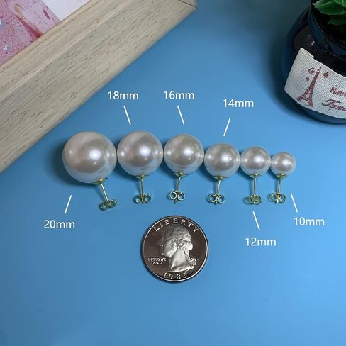 EFTKOY Big Pearl Earrings -18K Gold Plated Sterling Silver Oversized Faux Round Large Simulated Pearl Studs for Women,Hypoallergenic to Sensitive Ears in Saudi Arabia