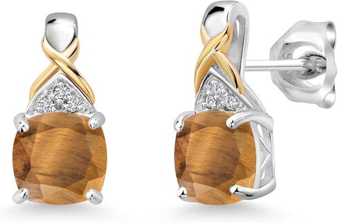 Gem Stone King 925 Sterling Silver and 10k Yellow Gold Brown Tiger Eye and White Lab Grown Diamond Earrings For Women (2.01 Cttw, Gemstone, Cushion 6MM) in Saudi Arabia