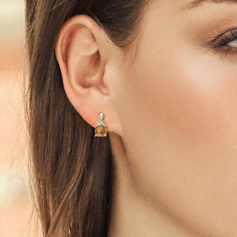 Gem Stone King 925 Sterling Silver and 10k Yellow Gold Brown Tiger Eye and White Lab Grown Diamond Earrings For Women (2.01 Cttw, Gemstone, Cushion 6MM) in Saudi Arabia